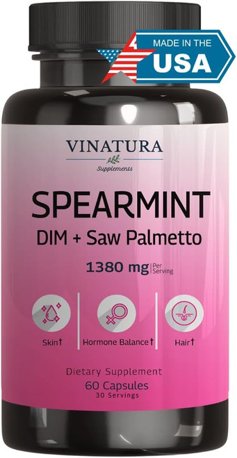Spearmint Leaf Capsules Supplement - Enhanced with DIM & Saw Palmetto, for Unwanted Hair, Women' Health & Skin *USA Made