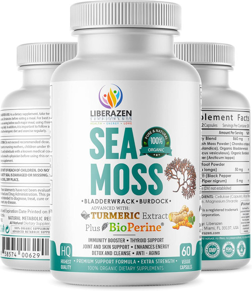 Organic Irish Sea Moss Pills - Wildcrafted Dr Sebi Inspired Seamoss Blend with Turmeric, Burdock Root & Bladderwrack, En