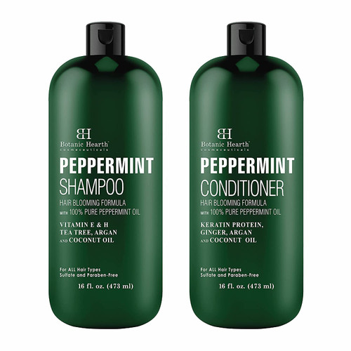 BOTANIC HEARTH Peppermint Oil Shampoo and Conditioner Set - Hair Blooming Formula with Keratin for Thinning Hair - Fights Hair Los