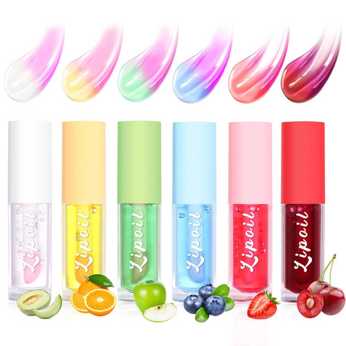 Hydrating Lip Oil 6Pcs,Plumping Lip Glow Oil Fruit Extract Tinted Lip Balm Gloss Transparent Moisturizing Lip