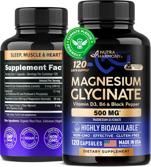 Magnesium Glycinate 500 mg - Supplement w/Vitamin D3 & B6 - Chelated, 98% Absorption - Support for Proper Sleep, Muscle