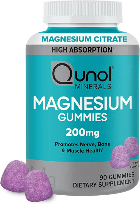 Qunol Magnesium Gummies for Adults, 200mg Magnesium Citrate High Absorption Supplement, Supports Nerve/Bone Health, Musc