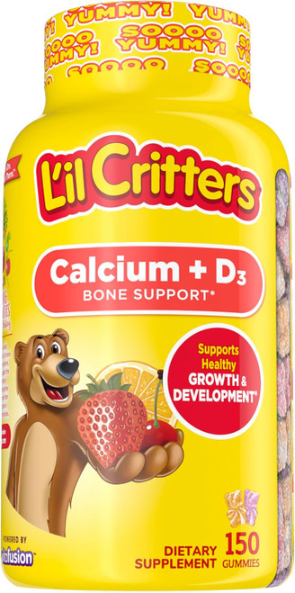 Lil Critters Calcium + D3 Daily Gummy Supplement for Kids, for Bone Support, Orange, Strawberry and Cherry Flavors, 150