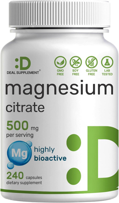 DEAL SUPPLEMENT Magnesium Citrate 500mg, 240 Capsules | Easily Absorbed, Purified Trace Mineral  Muscle, Heart, & Diges