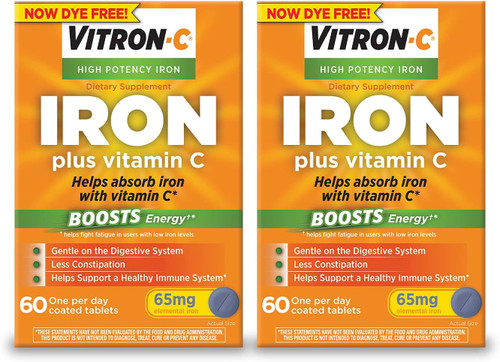 Vitron-C Iron Supplement, Once Daily, High Potency Iron Plus Vitamin C, Support Red Blood Cell Production, Dye Free Tabl