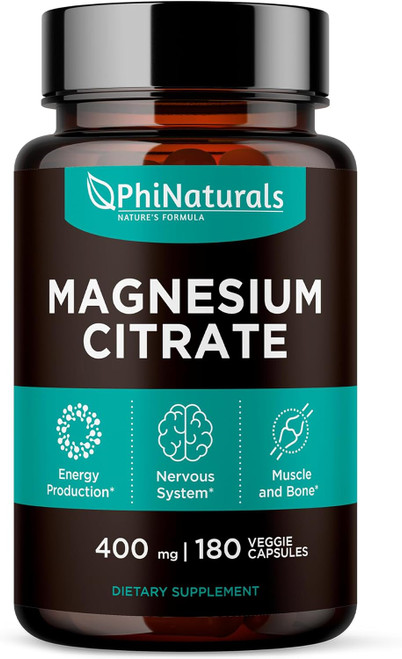 Magnesium Citrate Powder Capsules 400mg  [180 Count] Pure Non-GMO Supplements  Made in The USA