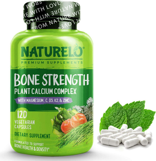 NATURELO Calcium Supplement - Bone Strength with Calcium 600mg, Vitamin D3, K2, C, Magnesium Zinc - Plant-Based, 120 Veg