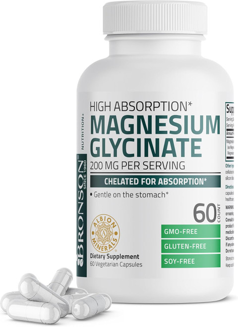 Bronson Magnesium Glycinate 200 MG per Serving Chelated for High Absorption, Gentle On Stomach, Non-GMO, 60 Vegetarian C