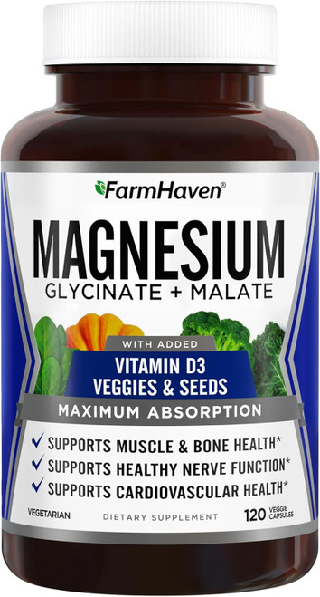 FarmHaven Magnesium Glycinate & Malate Complex w/Vitamin D3, 100% Chelated for Max Absorption, Vegetarian  Bone Health,