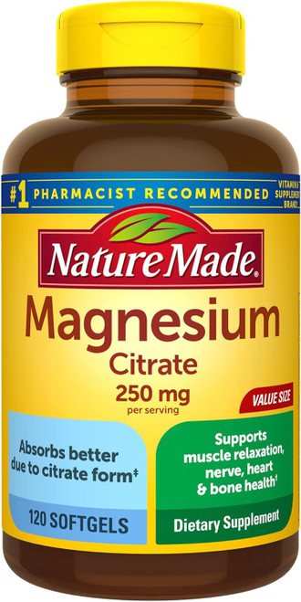Nature Made Magnesium Citrate 250 mg per serving, Magnesium Supplement for Muscle, Nerve, Bone and Heart Support, 120 So