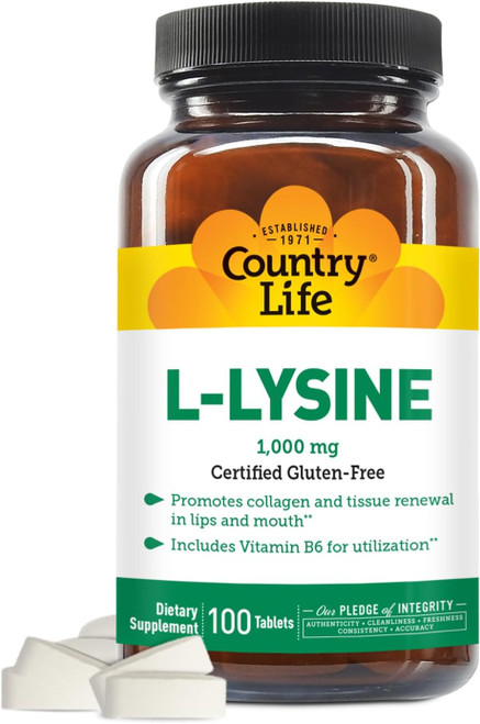 Country Life L-Lysine 1000mg with Vitamin B6-100 Tablets - Promotes Co