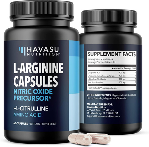L-Arginine Capsules for Active Males - 60 Count, Non-GMO, 1200mg Blend