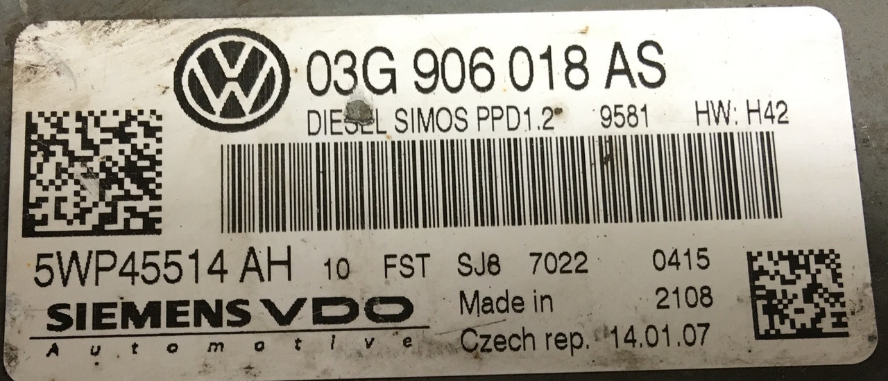 VW Passat 2.0 TDI, 03G 906 018 AS, 03G906018AS, 5WP45514 AH, PPD1.2