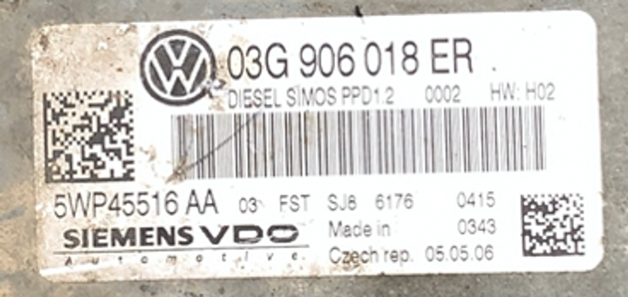 Siemens VDO Engine ECU, VW Passat 2.0TDi, 5WP45516AA, 5WP45516 AA, 03G906018ER, 03G 906 018 ER, PPD1.2