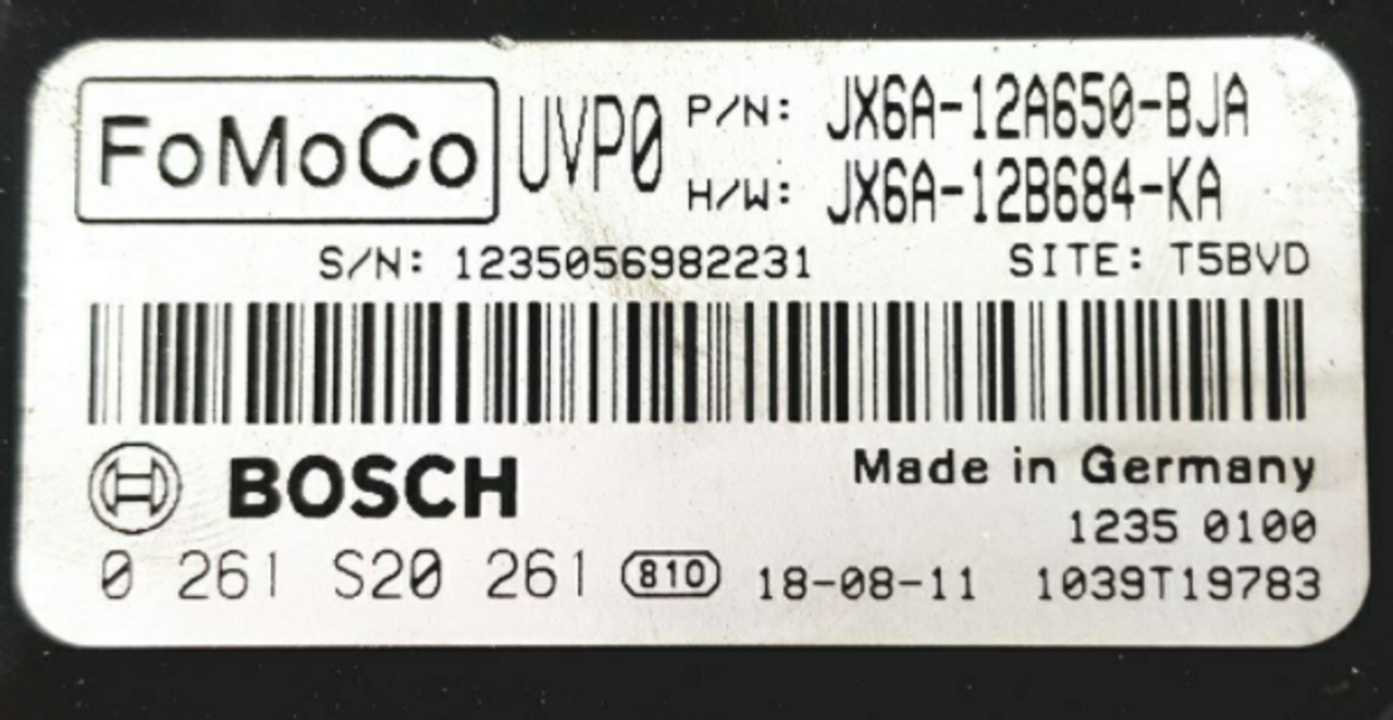 Bosch Engine ECU, Ford Focus EcoBoost 1.0, 0261S20261, 0 261 S20 261, JX6A12A650BJA, JX6A-12A650-BJA, JX6A12B684KA, JX6A-12B684-KA, UPV0, 1039T19783