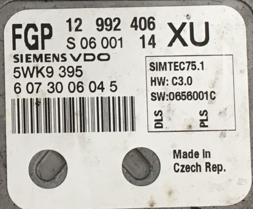 Siemens Engine ECU, Vauxhall Zafira 1.8L Engine ECU, 12992406, 12 992 406,  5WK9395, S0600114, S 06 001 14, XU, Simtec 75.1