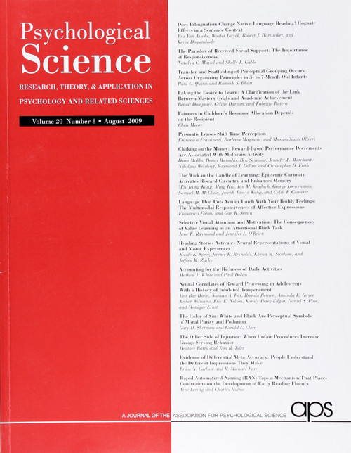 Psychological Science (Volume 20, Number 8, August 2009) front cover