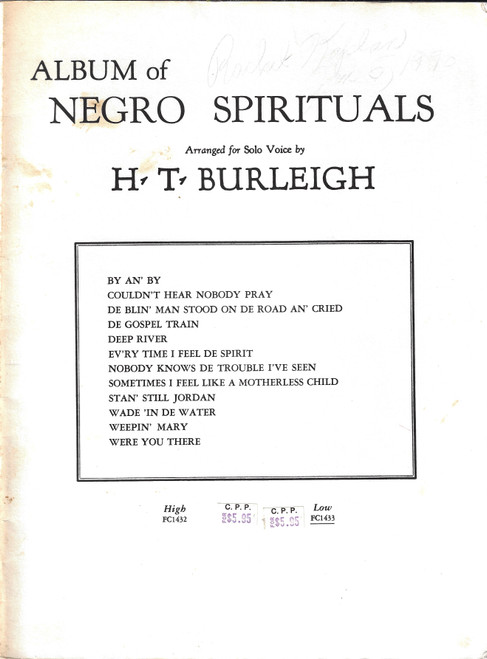 Album of Negro Spirituals, Arranged for Solo Voice (Low, FC1433) front cover by H. T. Burleigh