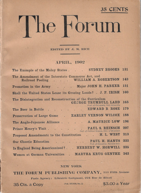 The Forum, April, 1902 (Vol. XXXIII., No. 2) front cover by J. M. Rice