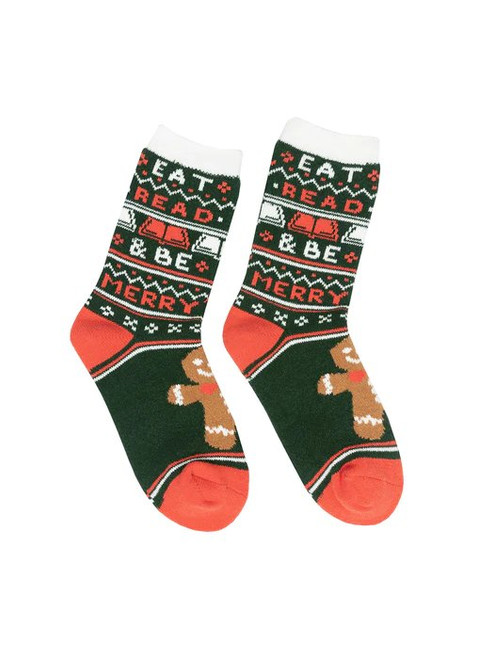 Eat, Read & Be Merry cozy socks unisex large front cover by Out of Print, ISBN: 0593775546