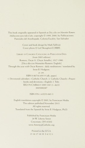 Through the Year with Oscar Romero: Daily Meditations front cover by Oscar Romero, Irene B. Hodgson, ISBN: 1632530651