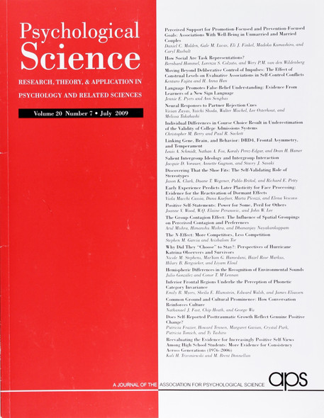 Psychological Science (Volume 20, Number 7, July 2009) front cover