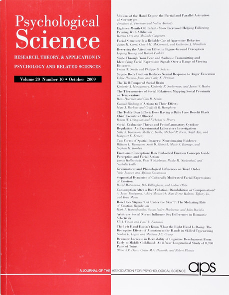 Psychological Science (Volume 20, Number 10, October 2009) front cover