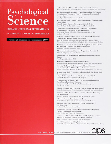Psychological Science (Volume 20, Number 11, November 2009) front cover