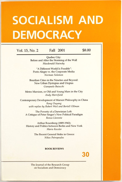 Socialism and Democracy Vol. 15, No. 2, Fall 2001 front cover