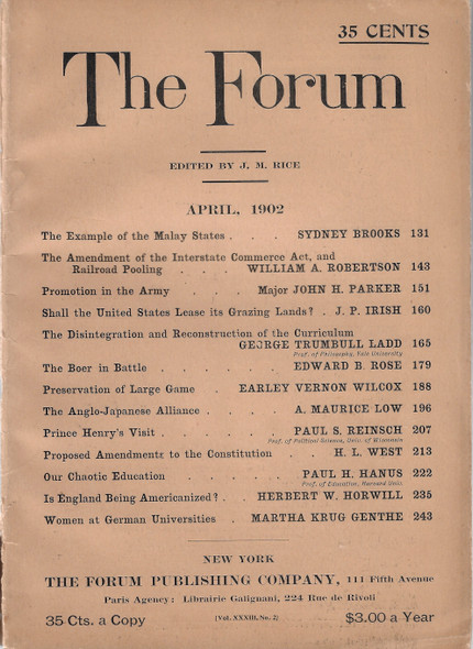The Forum, April, 1902 (Vol. XXXIII., No. 2) front cover by J. M. Rice
