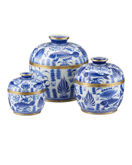 Blue & White Rice Tureen Set of 3 Rice Tureen Set of 3 in White/Blue/Brass (142|1200-0969)