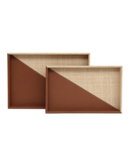Leather & Raffia Tray Set of 2 in Brown/Natural (142|1200-1070)