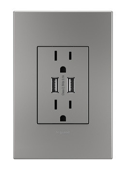 adorne Dual-USB Outlet with Wall Plate in Magnesium (246|ARTRUSB153M4WP)