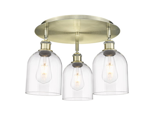 Downtown Urban Three Light Flush Mount in Antique Brass (405|516-3C-AB-G558-6CL)