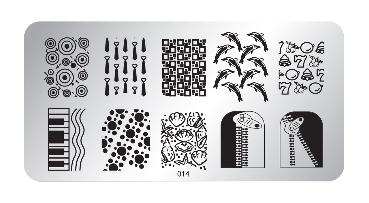 Pamper Plates Professional Nail Stamping Plates - Design #14 (Zips, Ties,  Dolphins, Shells, Spots)