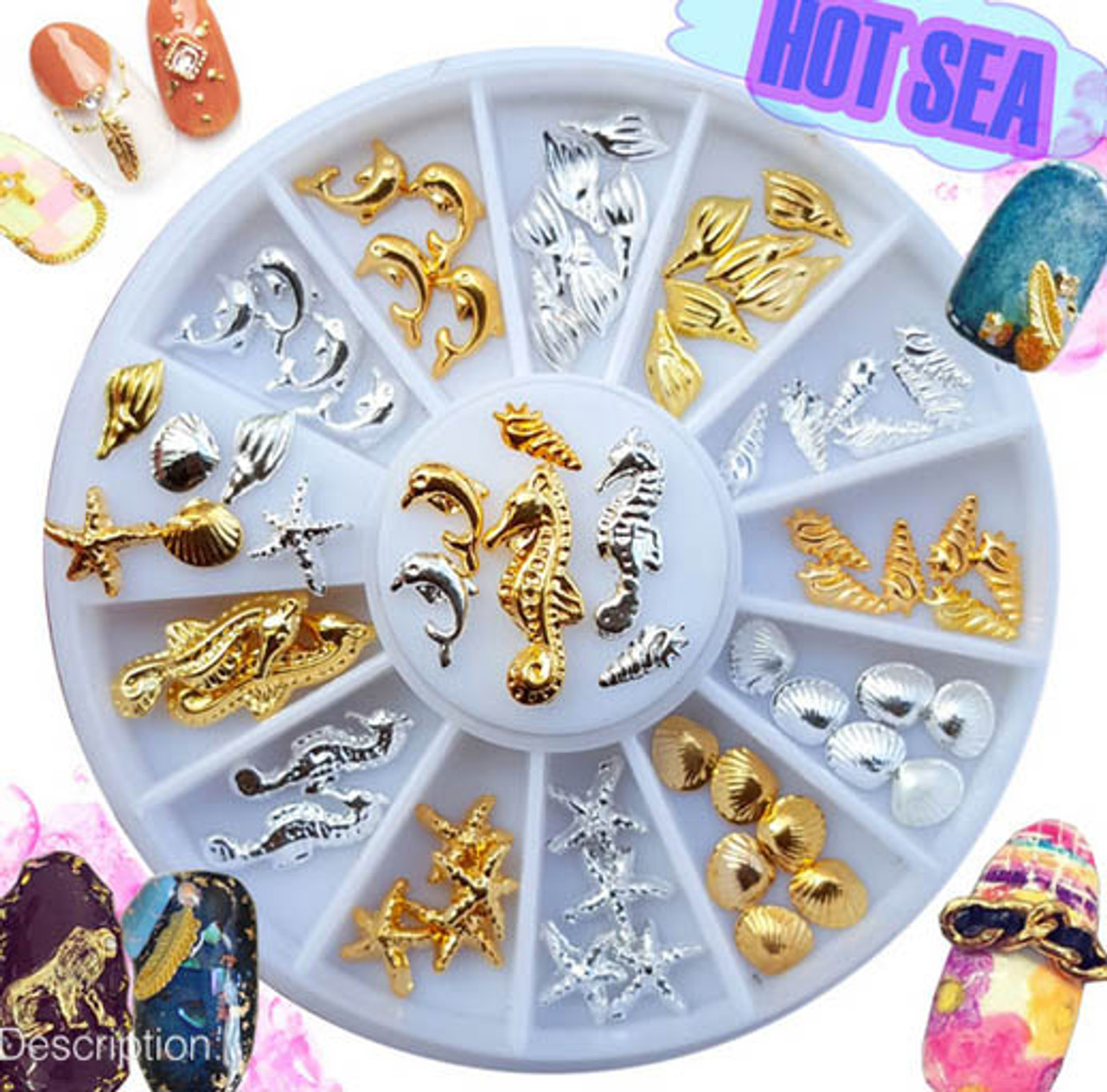 Gold & Silver Ocean Theme Nail Art Charm Wheel (12 Designs, 60PCS) -  Seashells, Starfish, Seahorses, Dolphins & More!