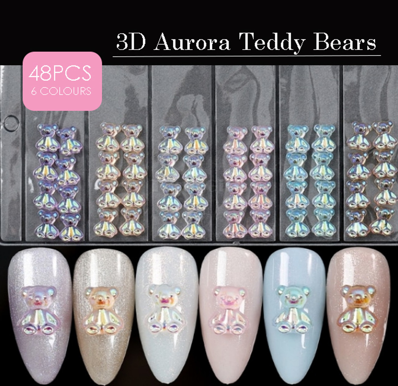 3D Acrylic Resin Aurora Ab Teddy Bear Nail Art 48 Pcs