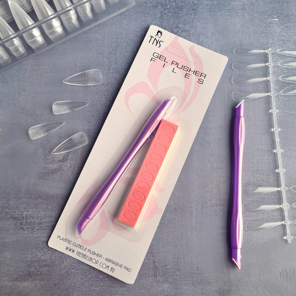 TNS Gel Pusher Prepping File (Cuticle Pusher + 50 Abrasives) - Safest Nail Prep Available! Perfect for Soft Gel Extensions.
