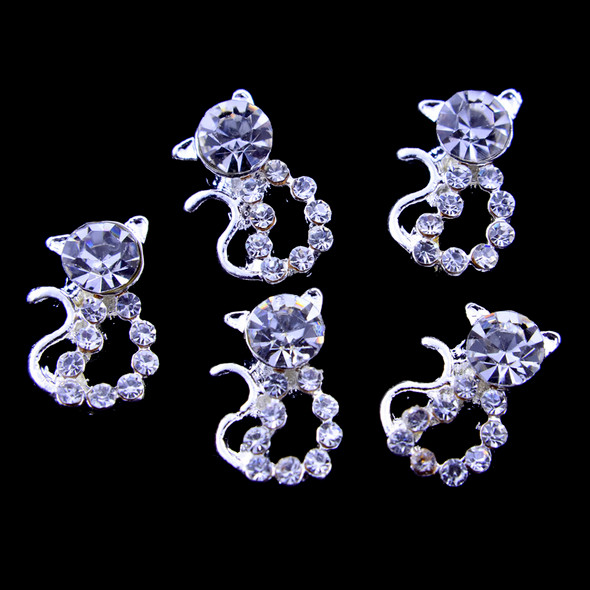 TNS Professional Nail Art Charms - Silver & Cystal Cat Charms (Pack of 5PCS)