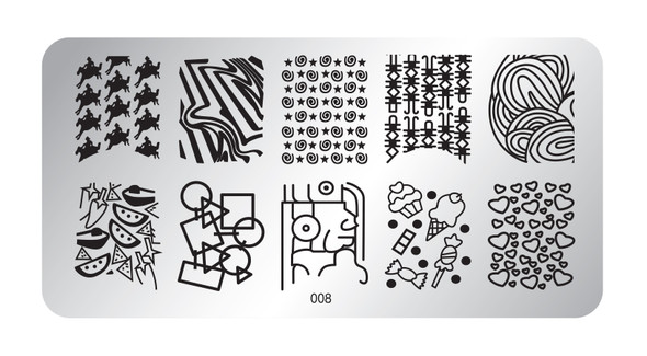 Pamper Plates Professional Nail Stamping Plates - Design #8 (Horses, Swirls, Watermelon, Deserts, Hearts, Geometrics)