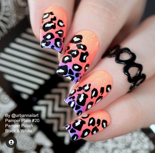 Example of Pamper Plates Professional Nail Stamping Plates - Design #20 (Demask, Hypnotic, Line Patterns & Hearts, Leopard Print)