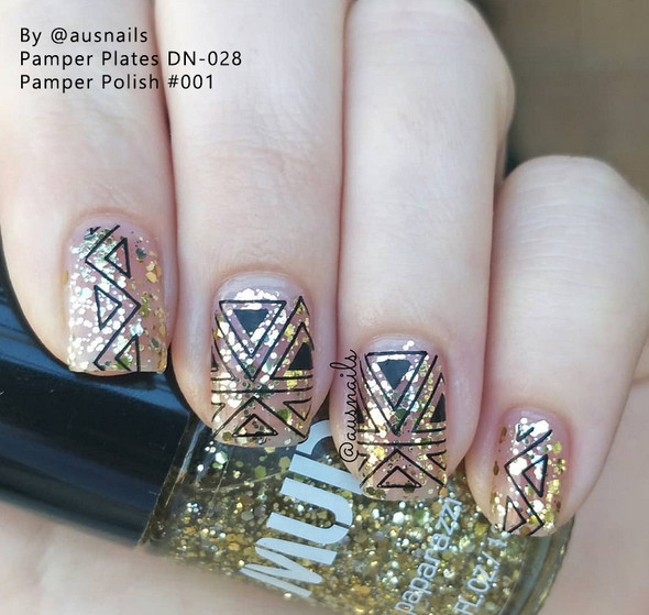 Example of Pamper Plates Professional Nail Stamping Plates - Design #28 (Snowman, Triangles, Aztec, Filigree, Zebra Stripes)