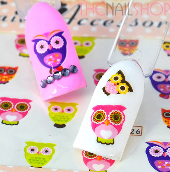 Pink, Purple & Green Owl Hoot Style Water Nail Decals