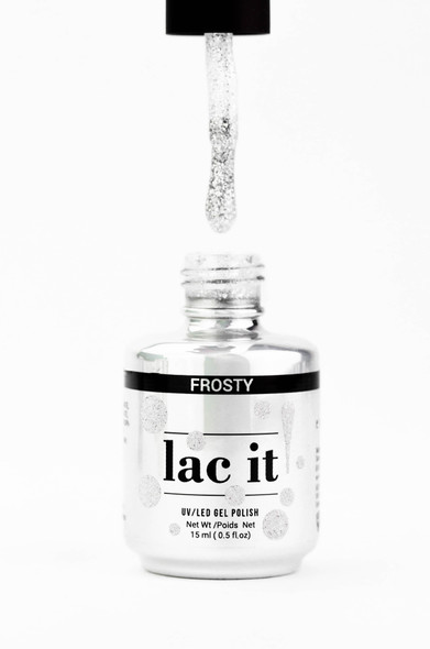 Lac It!™ Advanced Formula Gel Polish - Frosty 15ml Bottle (Holiday Collection). Soft white with warm silver.