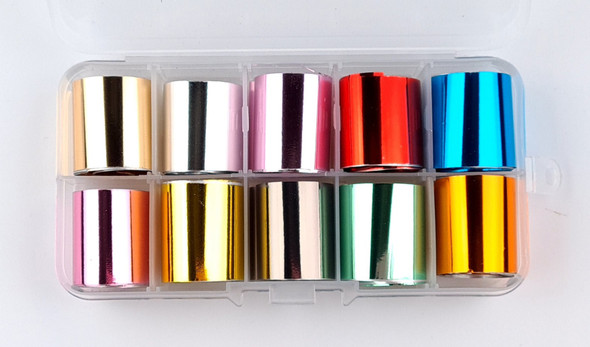 Solid Metallic Chrome Colored Nail Art Transfer Foil Set (10 Designs Per Box)