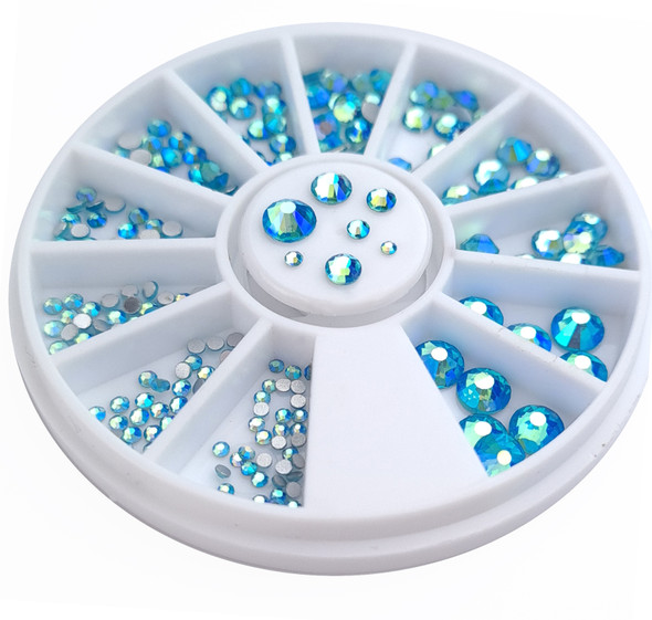 Rainbow Aquamarine Blue Flatback Round Rhinestone Crystal Nail Art Wheel (240PCS) - 9 Different Sizes