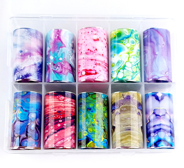 Bright Coloured Marbling Nail Art Transfer Foil Set (10 Designs Per Box)