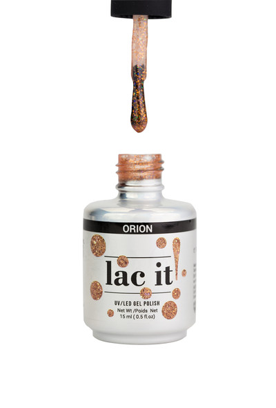 Lac It!™ Advanced Formula Gel Polish 15ml - Orion (Starry Night Collection). Soft Gold Copper Glitter.