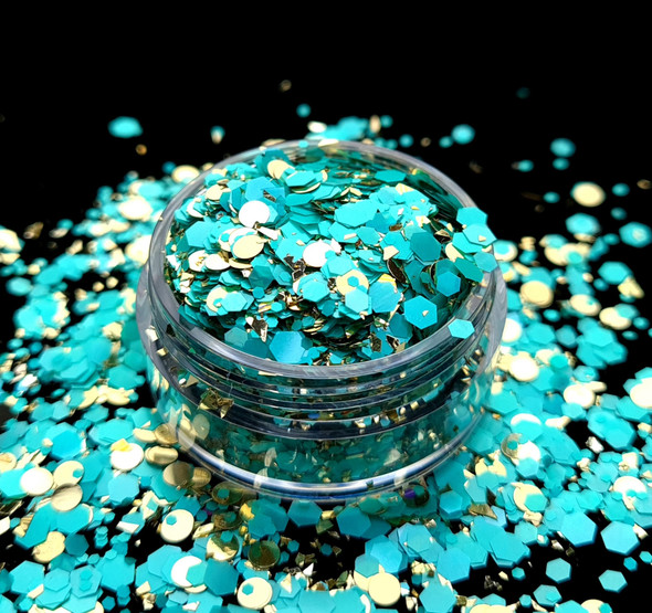 TNS Aqua & Gold Celebrations Glitter Mix for Nail Art - 1oz Bag