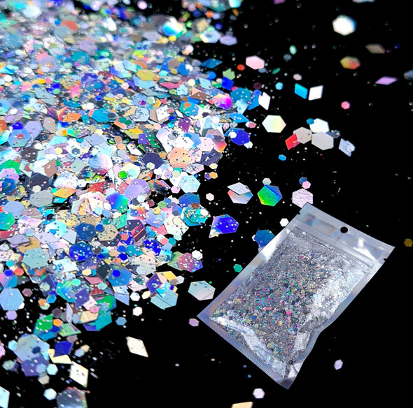 TNS Holographic Silver Glitter Bomb Mix for Nail Art - 1oz Bag